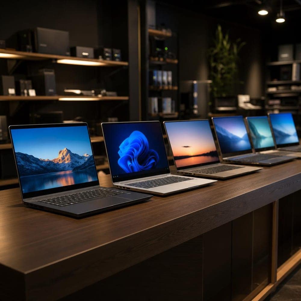 Refurbished laptops uitgestald in de winkel